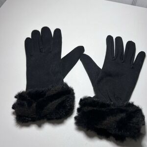 Liz Claiborne Black Knit Gloves Faux Fur Trim